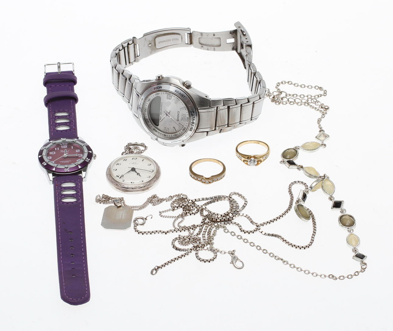 ARMBANDSUR och SMYCKEN, 9 delar samt FICKUR, silver.