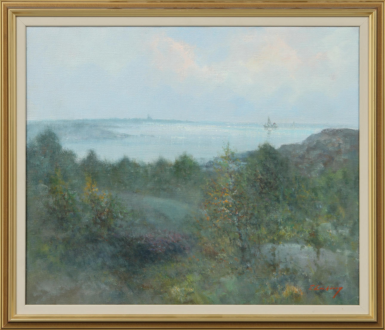 TAGE ERIKSSON. "Kustbild från Hönö röd mot Vinga". Olja på duk, signerad.