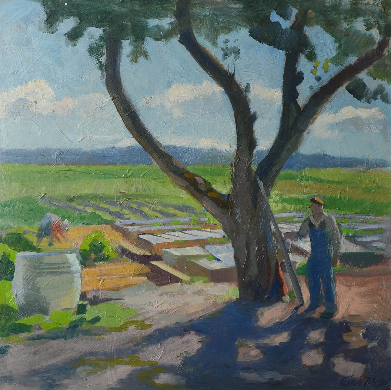 EIRA THELANDER. Agricultural landscape, oil on panel, signed, dated 49.