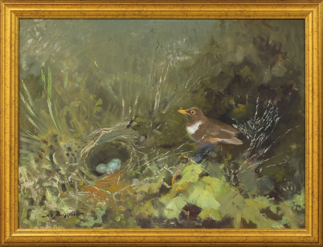 NILS BJÖRKQVIST. "Ringtrast vid boet, olja på duk, signerad.