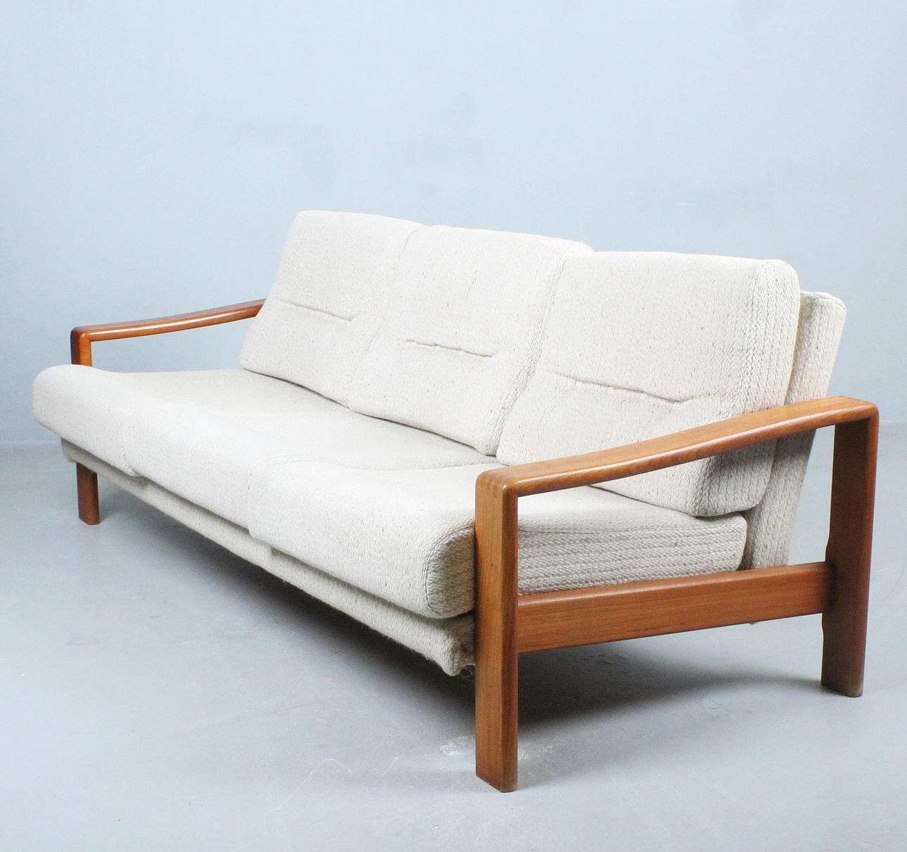 Sofa/three-seater, teak, fabric, Denmark, 1970s.