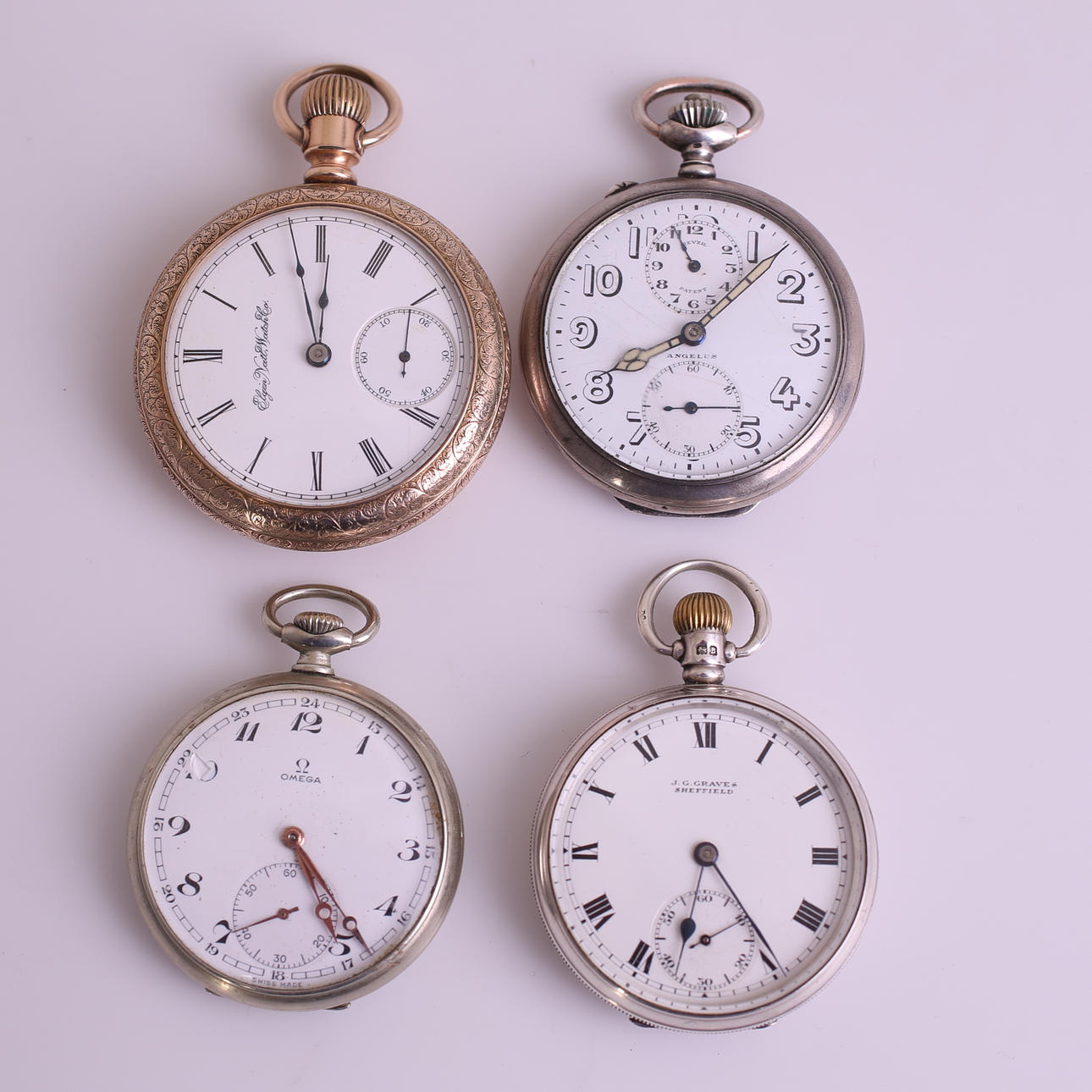 FICKUR, 4 st, Elgin / Angelus / Omega / Graves, 18-/1900-tal.