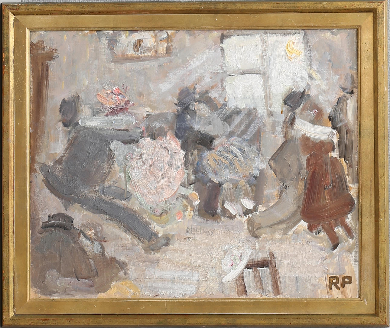 RAGNAR PERSON. "Dans i stugan". Olja på pannå, signerad RP.