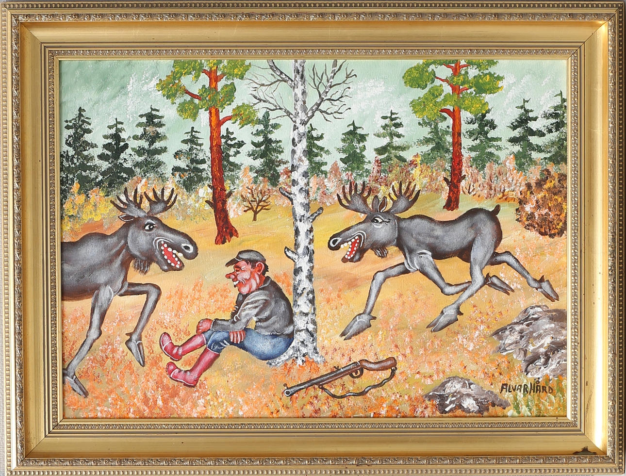 ALVAR HÅRD. Jägare med nyfikna älgar. Olja på duk, signerad.