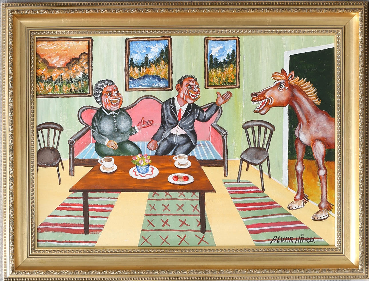 ALVAR HÅRD. "Oväntat besök". Olja på duk, signerad.