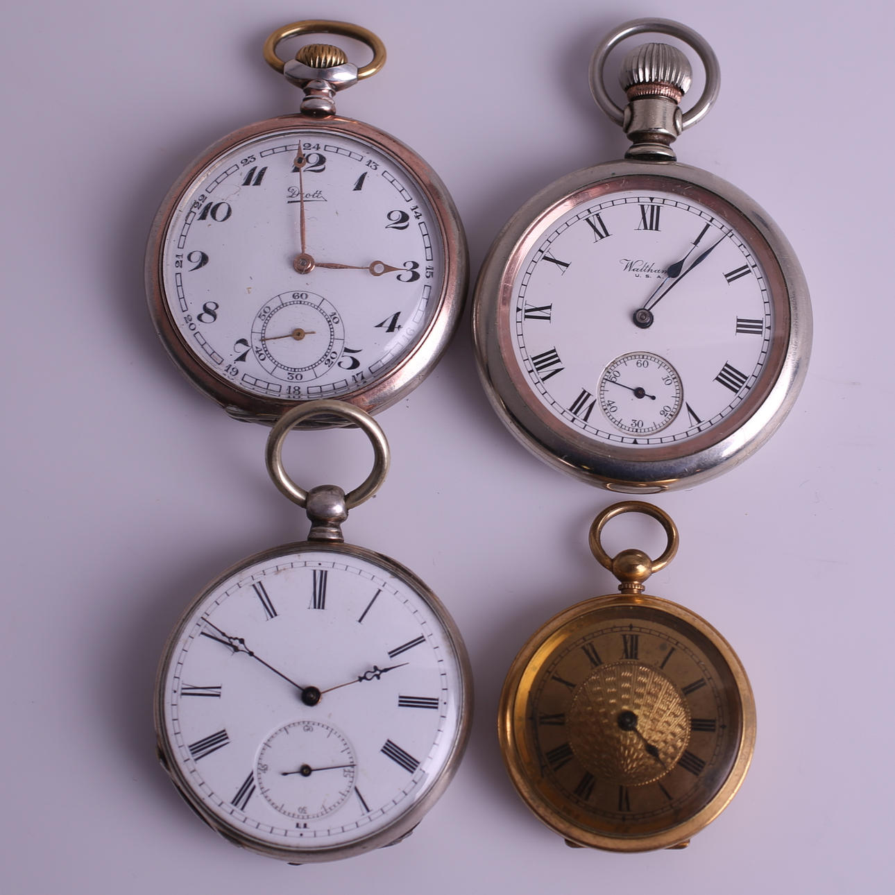 FICKUR, 4 st, Drott / Waltham / Ancre / omärkt, 18-/1900-tal.