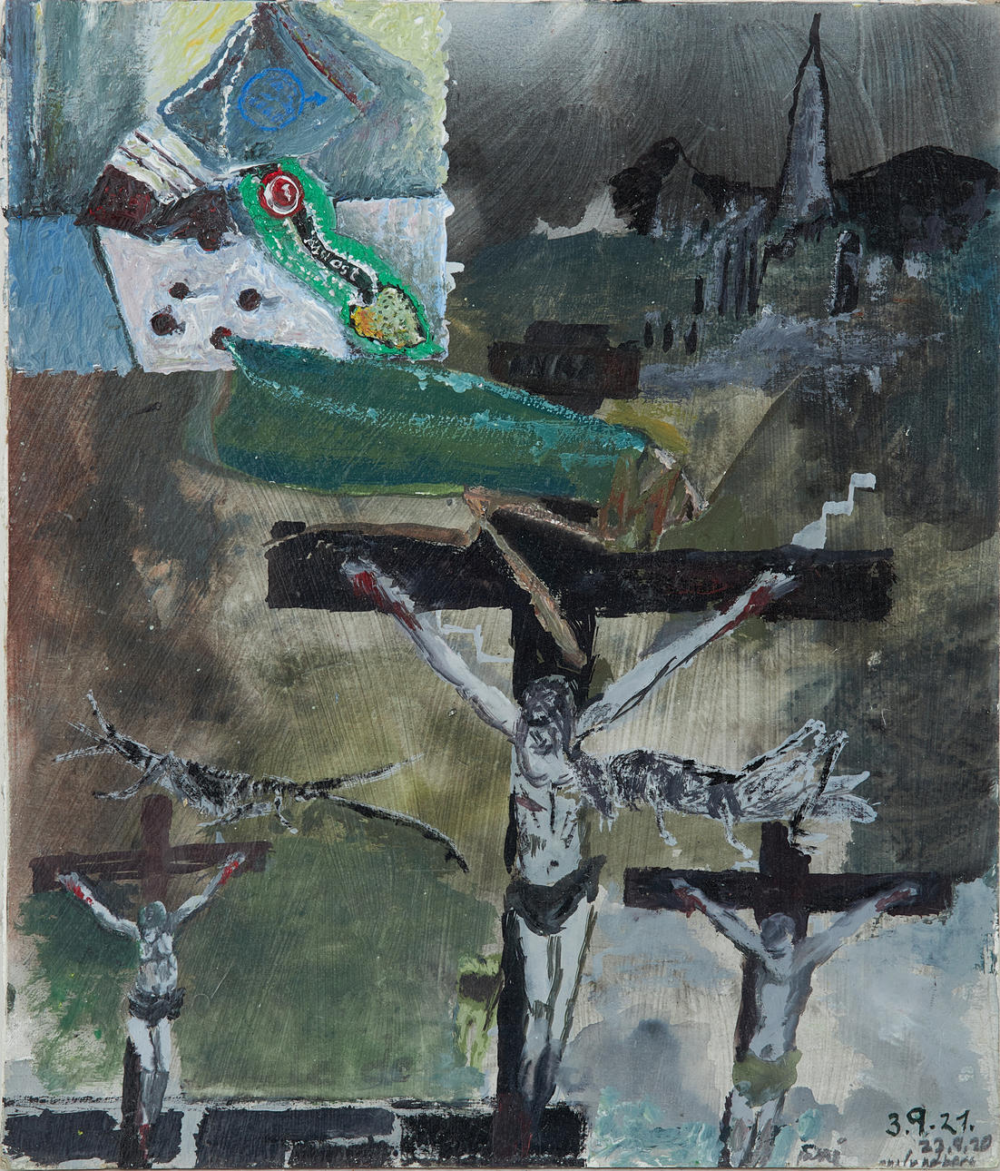 CARL MICHAEL LUNDBERG. Crucifixion, gouache on panel, signed cm Lundberg, dated 20-21.