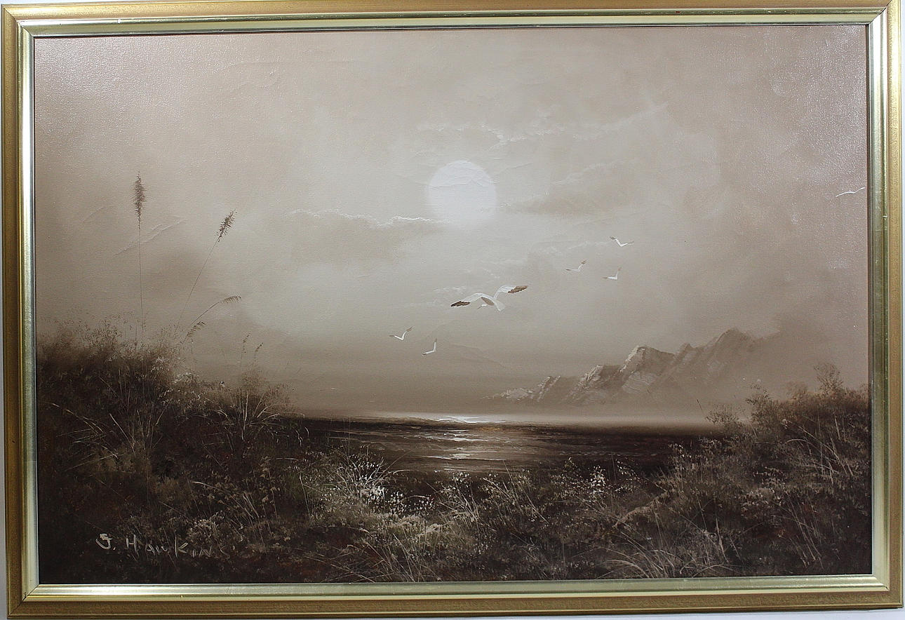 OIDENTIFIERAD KONSTNÄR. olja på duk, kustmotiv, signerad J Hawkings.