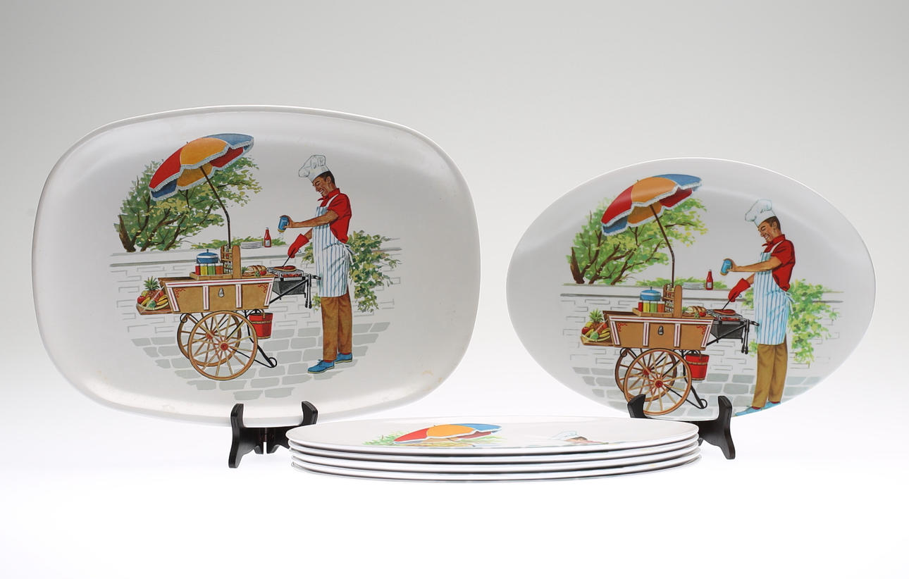 PLATE AND 6 PLATES, plastic, Melmac, 1960s.