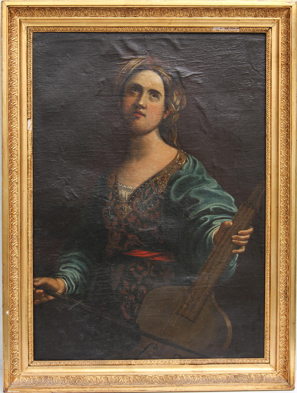 OKÄND KONSTNÄR 17/1800-TAL. DAMPORTRÄTT med stränginstrument. Olja på duk.