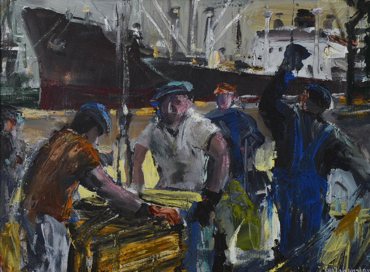 ALF JOHANSSON. Loading dock, oil on canvas, signed.