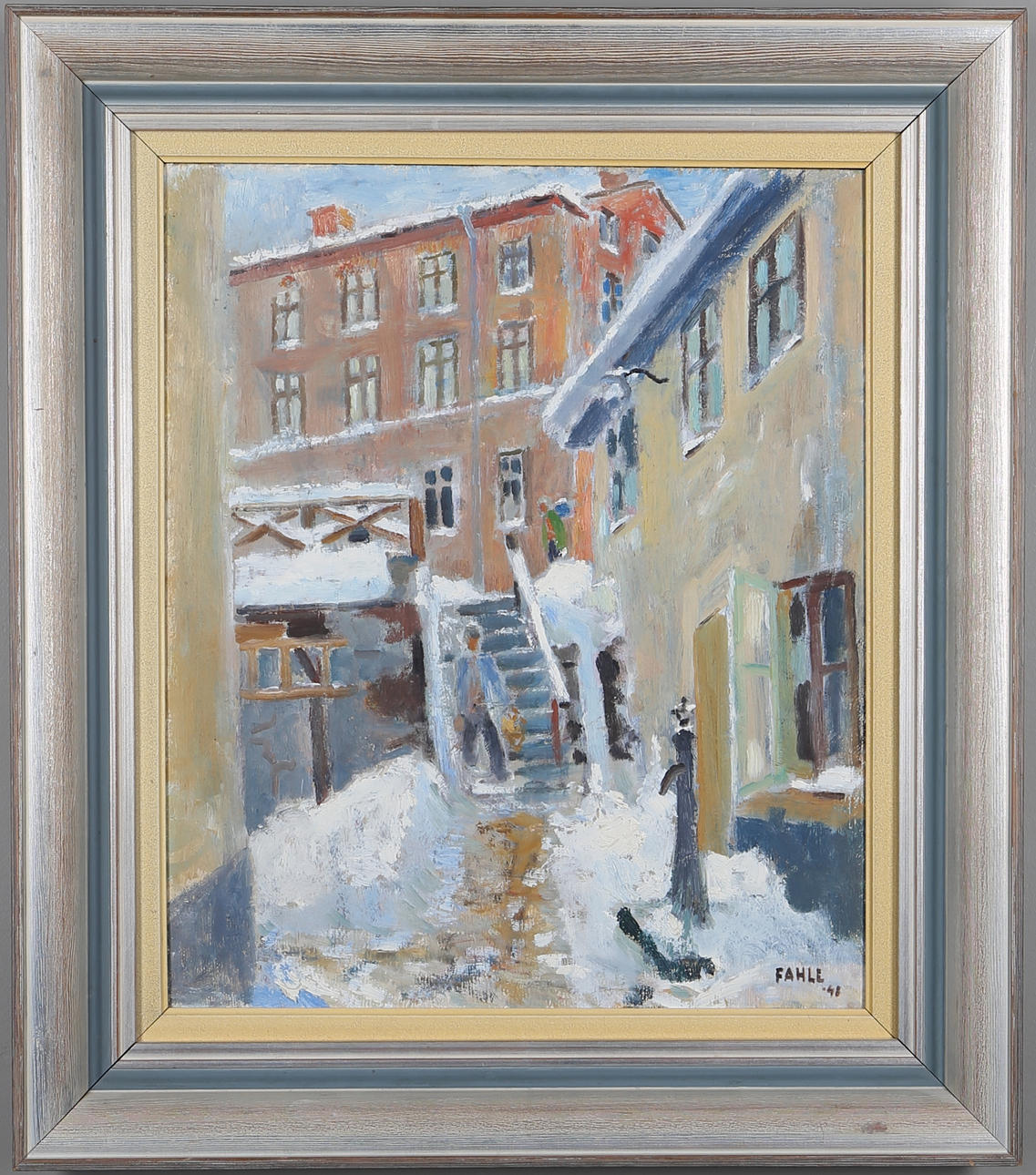 GUSTAF ADOLF FAHLE. "Tryckerigården", olja på pannå, signerad samt daterad 1948.