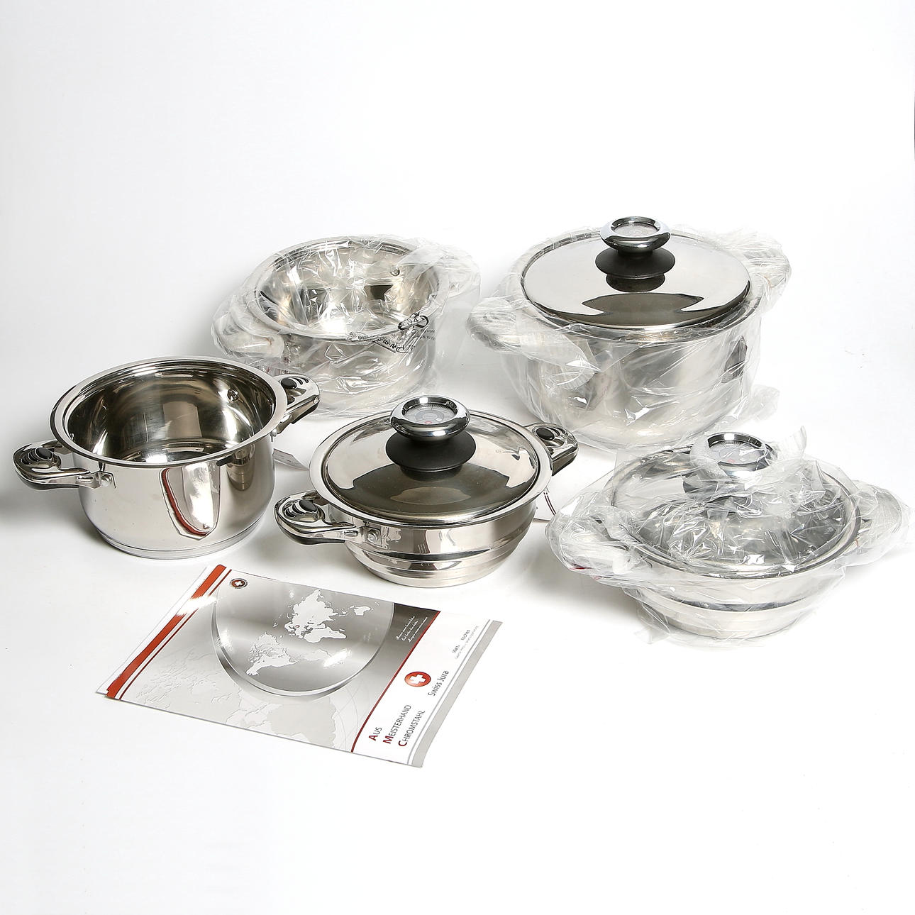 GRYTOR och KASTRULLER, 5 st, rostfritt stål, Swiss Jura, 2000-tal.