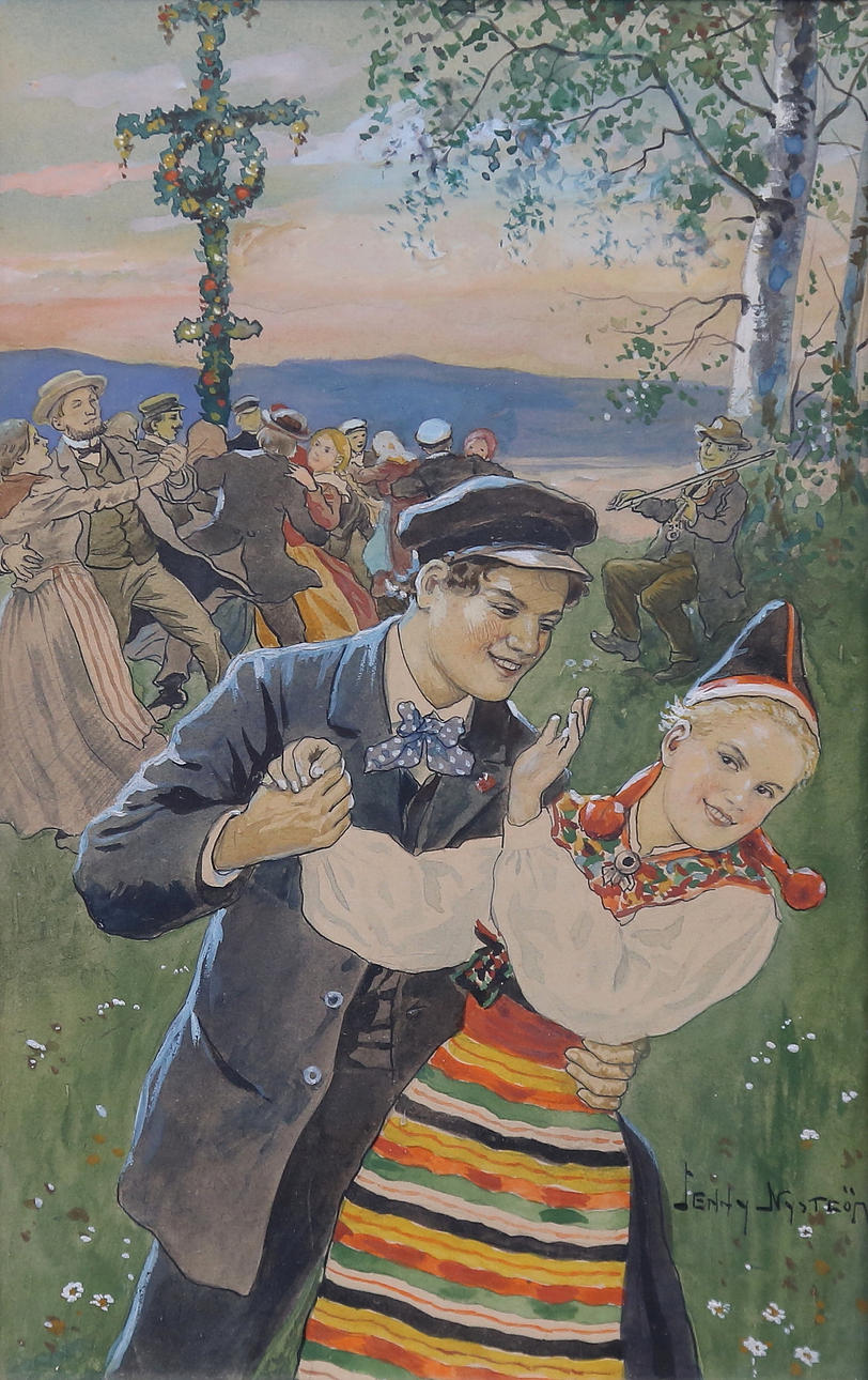 JENNY NYSTRÖM. Watercolour, “Midsummer Dance”, signed.