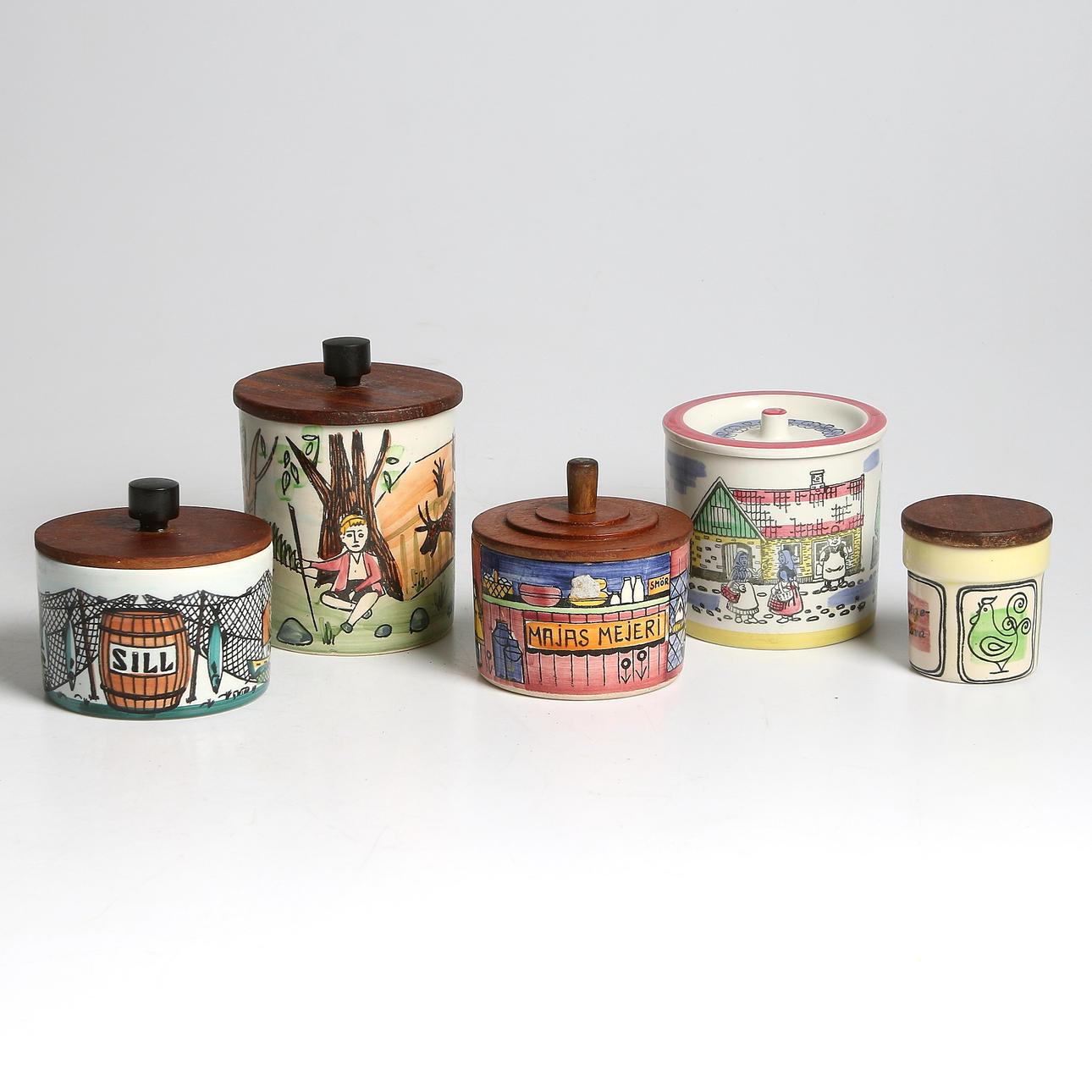 BURKAR, 5 delar, keramik, bl.a. Jie "Vår lilla stad" Anita Nylund och Deco.