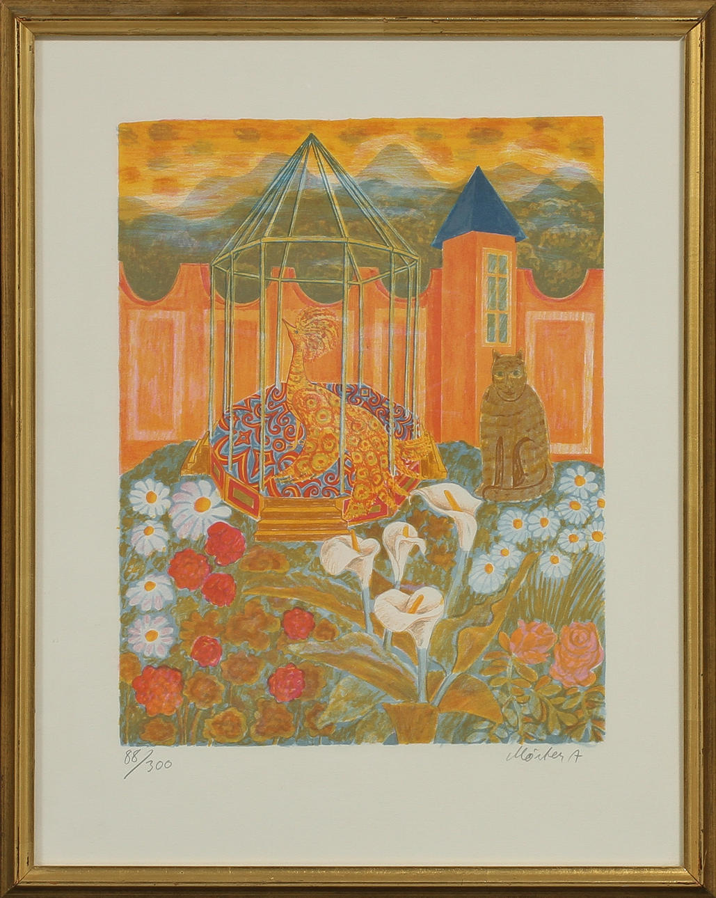 MÅRTEN ANDERSSON. Komposition med katt och fågel, färglitografi, signerad och numrerad 88/300.