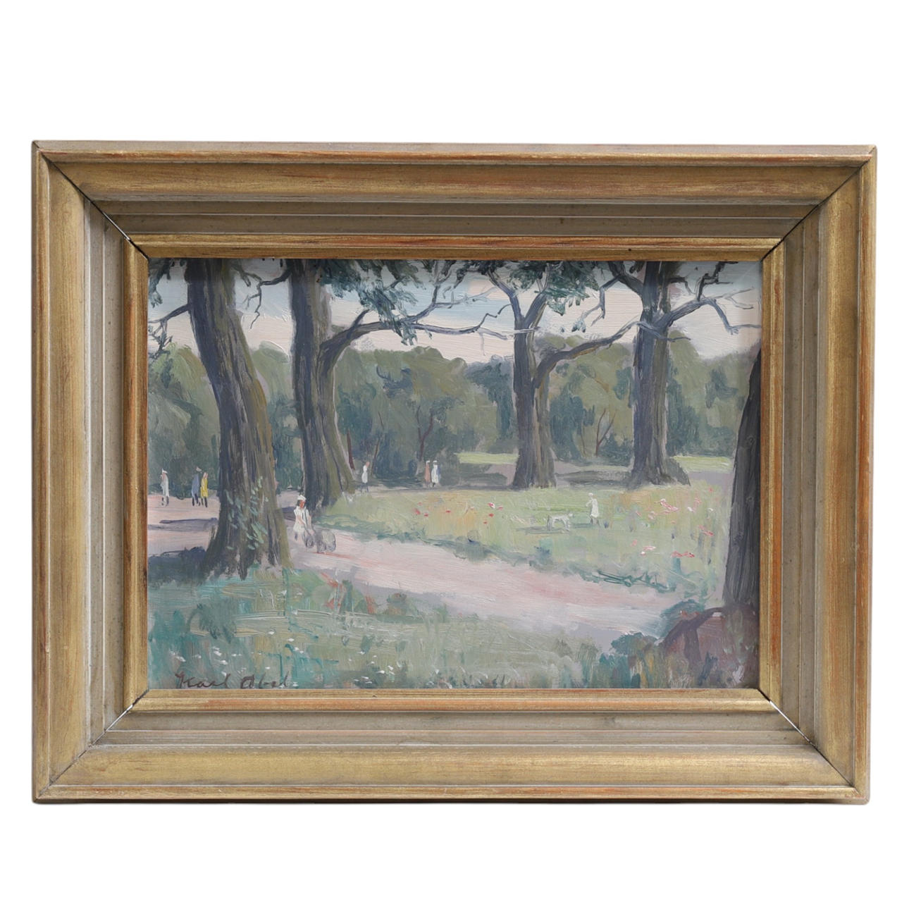 KARL ABEL. oil on panel, park area, signed.