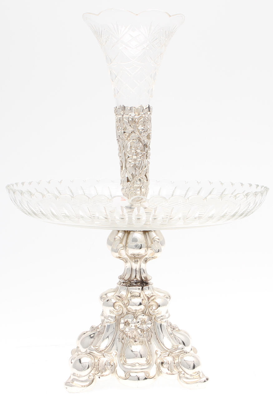 UPPSATSSKÅL, glas och nysilver, omkring 1900.