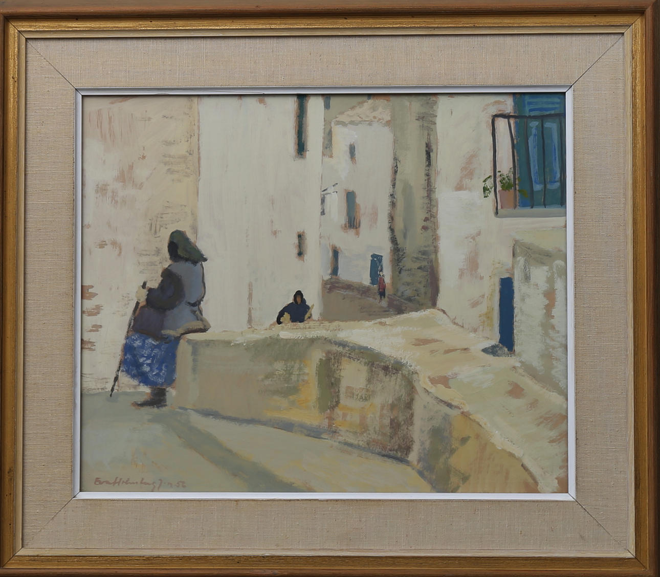 EVA HOLMBERG-JACOBSSON. Sittande kvinna mur, blandteknik, signerad Eva Holmberg-J-n och daterad -56.