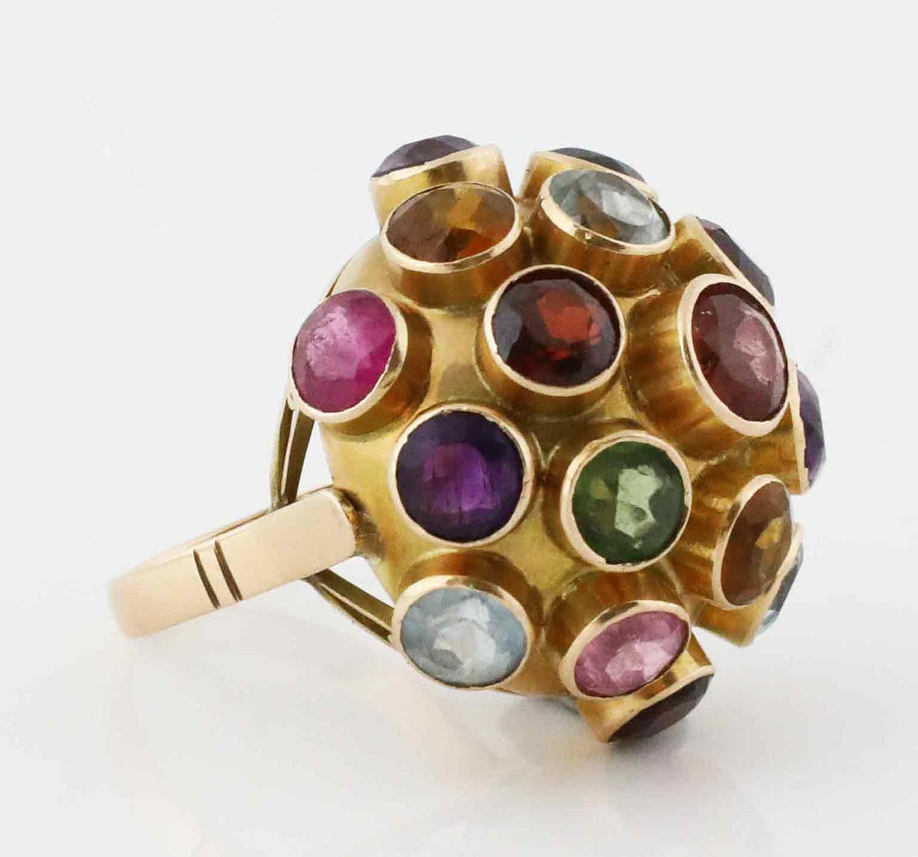 RING, Sputnikmodell, guld 14K, olikfärgade halvädelstenar.
