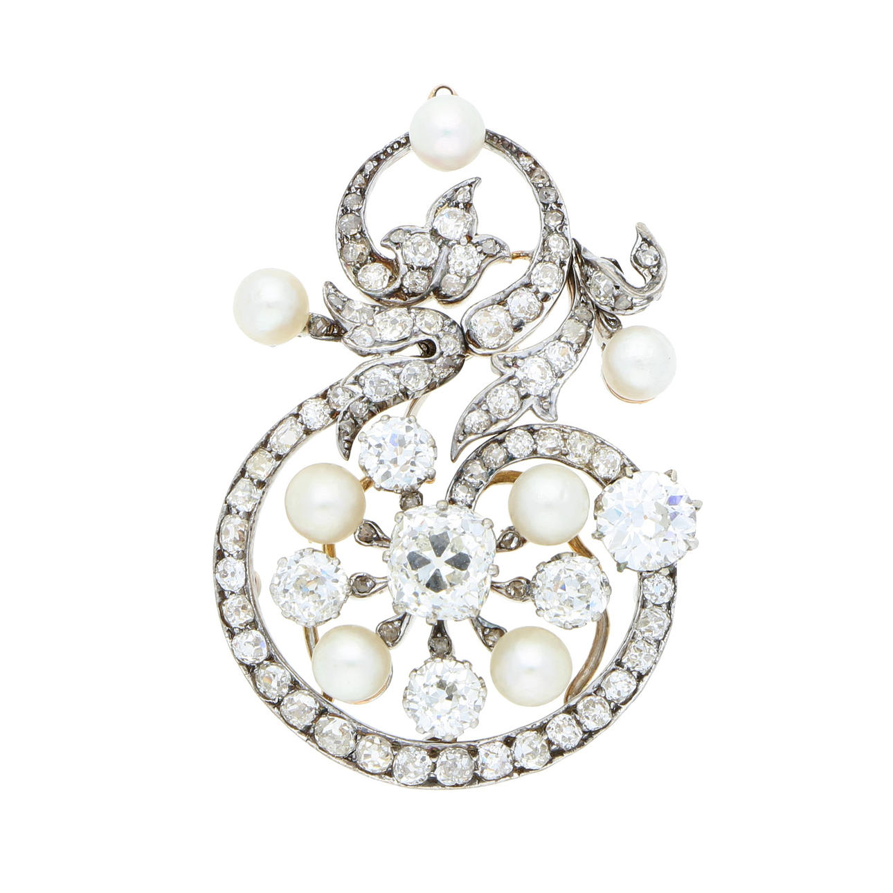 ANTIK 750 roséguld och silver brosch.