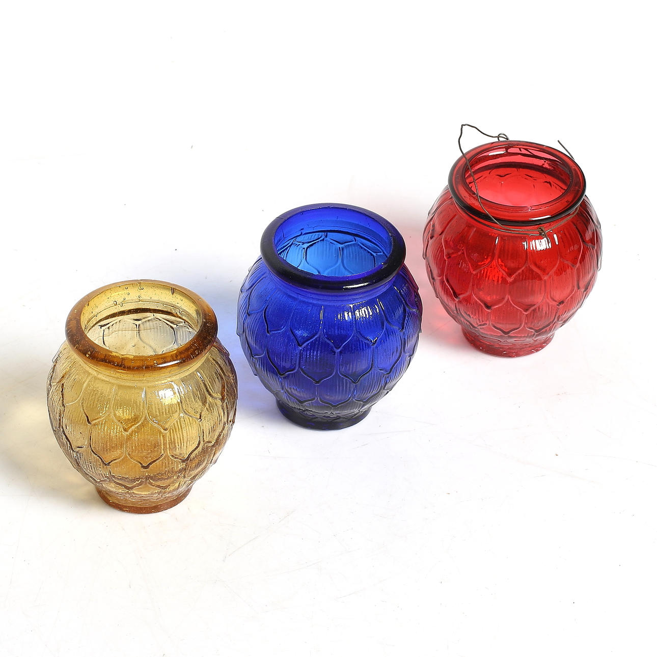 LJUSLYKTOR / BURKAR, 3 st, glas, Alf Wallander, Kosta, för Stockholmsutställningen 1909.