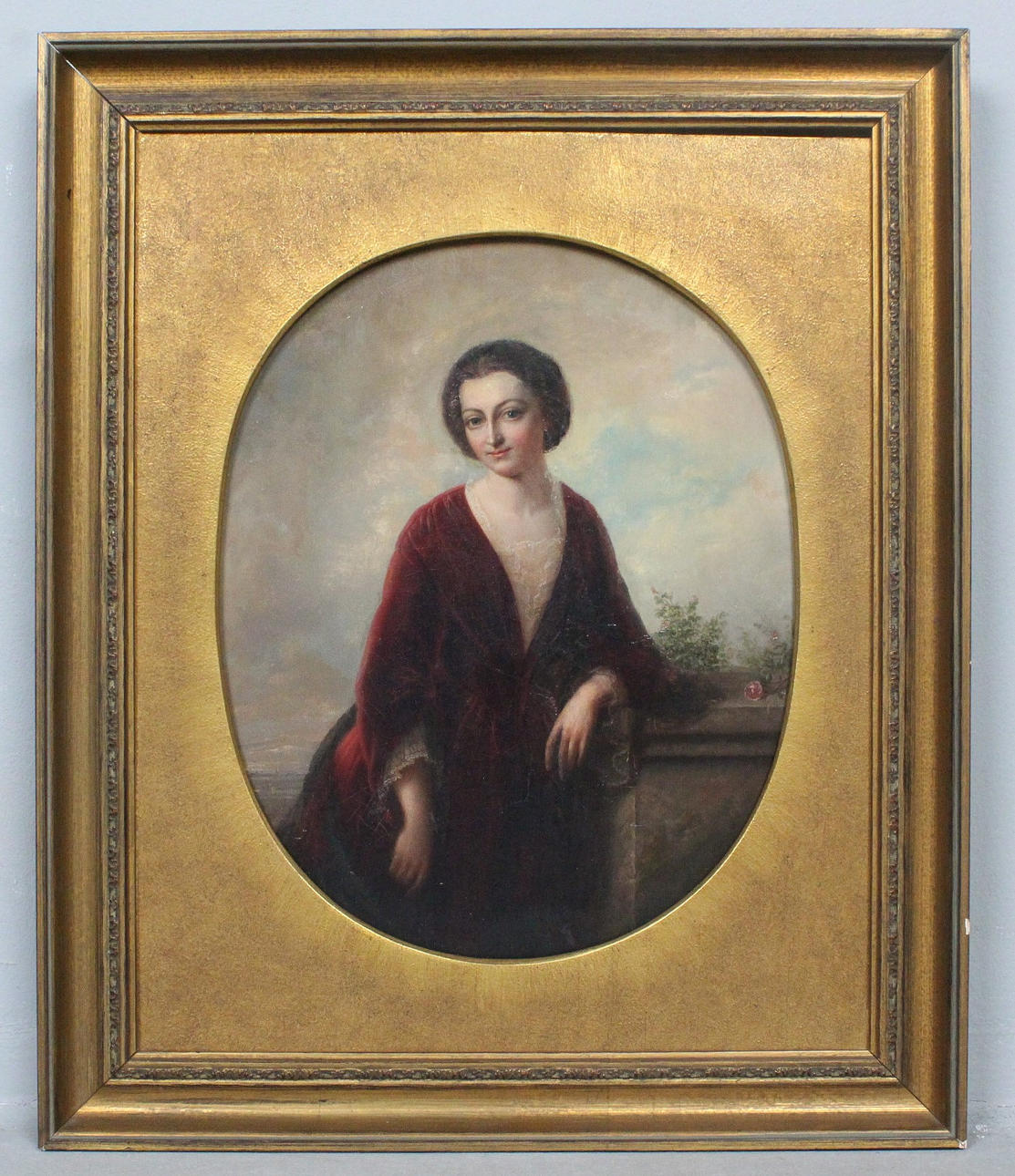 Unknown artist. 'Portrait of a lady in red dress', oil on hardboard ...