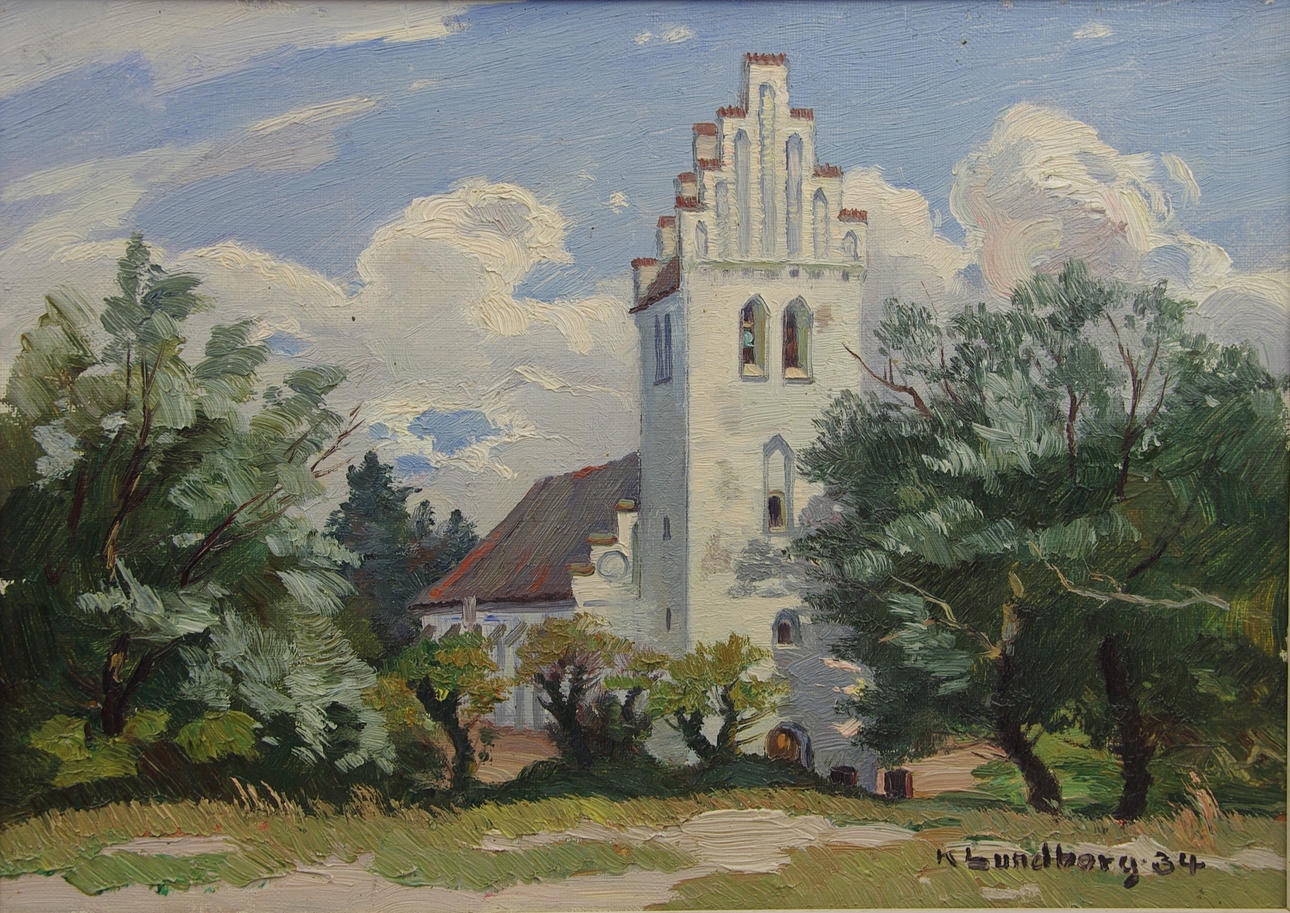 KARL LUNDBORG. Landskap med kyrka, olja på duk, signerad K. Lundborg -34.