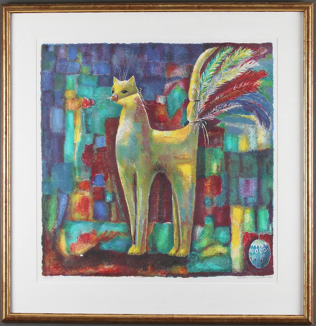 BIRTHE WESSELHÖFT. Färglitografi, Katt i lånta fjädrar. Signerad och numrerad 115/160.