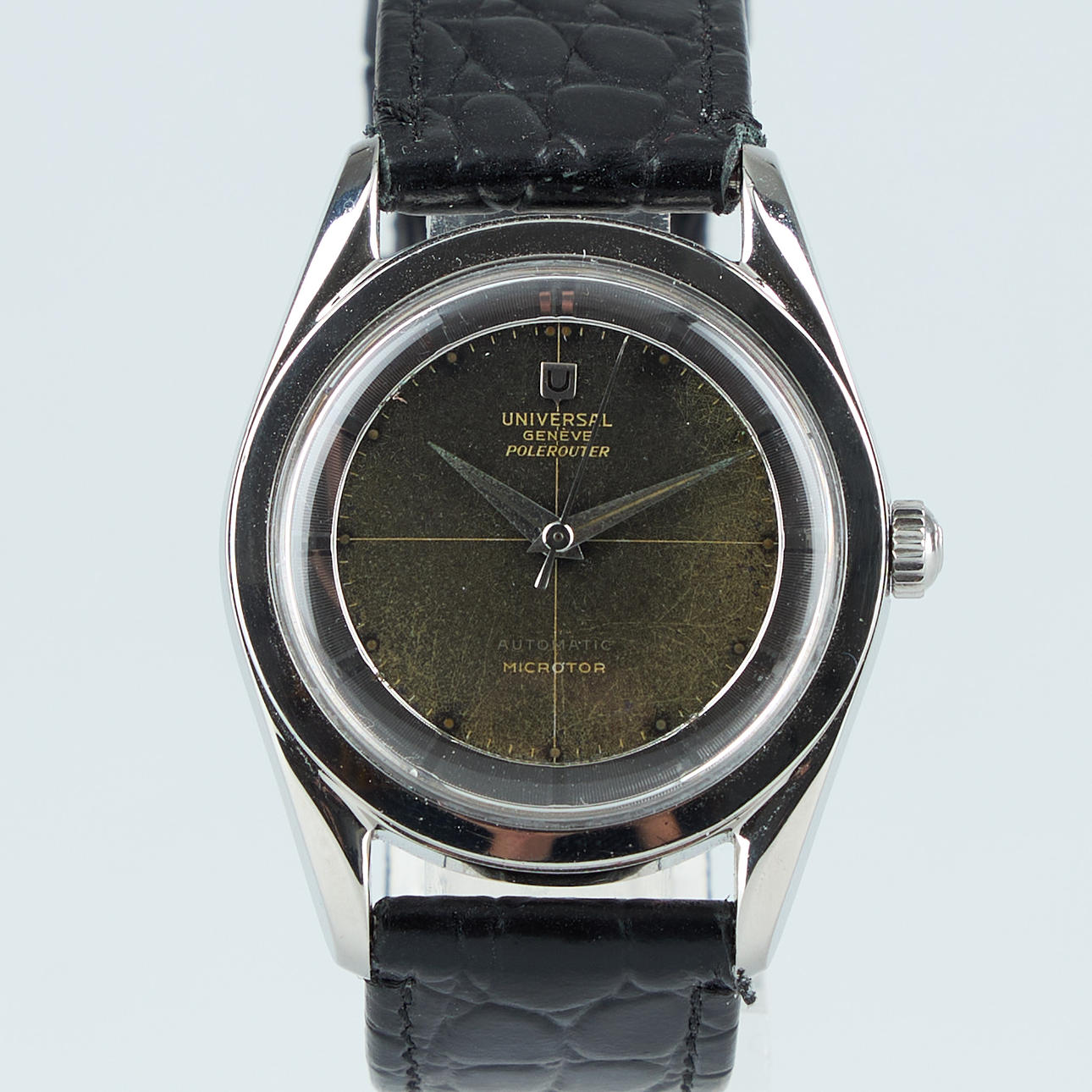 UNIVERSAL GENÈVE, Polerouter, 35 mm, steel, automatic, plastic crystal, 1950s.