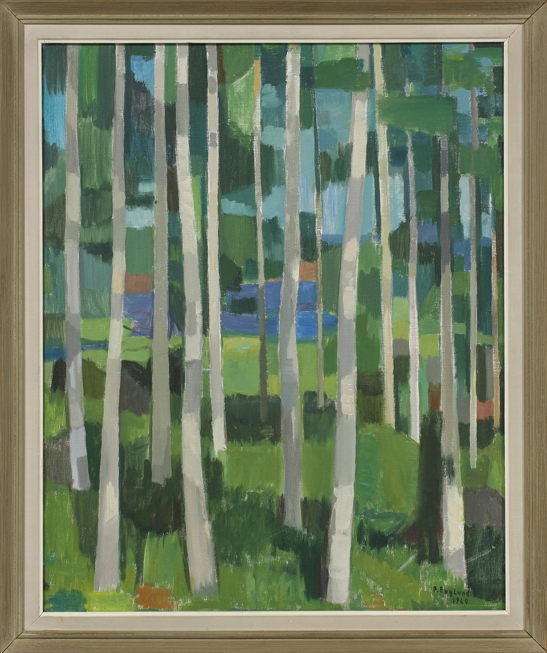 PER ENGLUND. "Björkstammar". Olja på duk, signerad och daterad 1960.