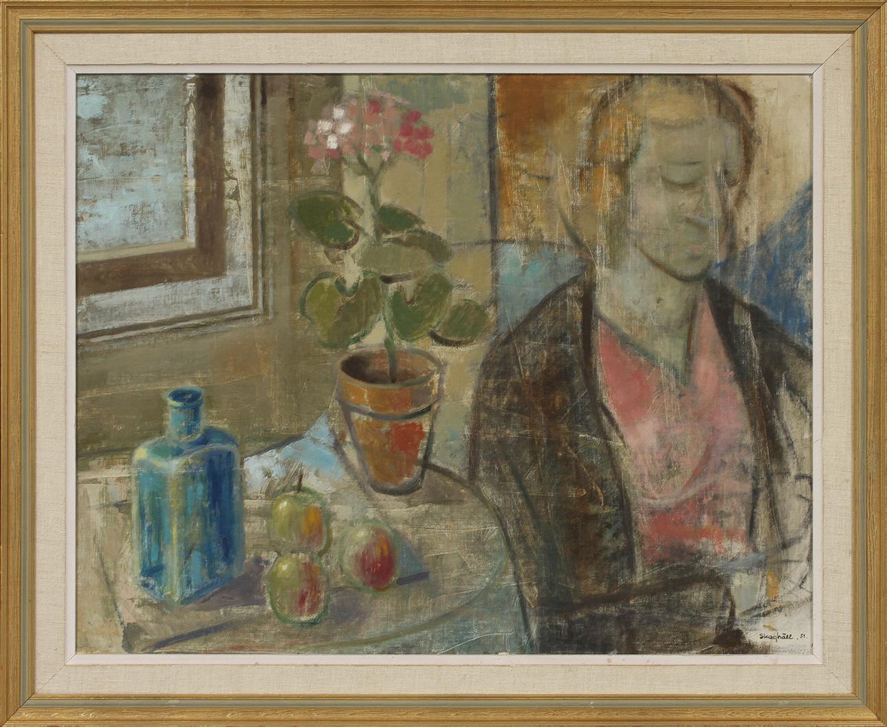 FOLKE SKOGHÄLL. Stilleben med figur, olja på duk, uppfodrad, signerad.