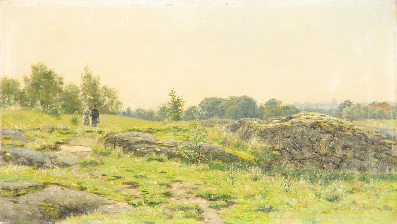PETER ADOLF PERSSON. Landskap med figurer, olja på duk, signerad P.A Persson 84.