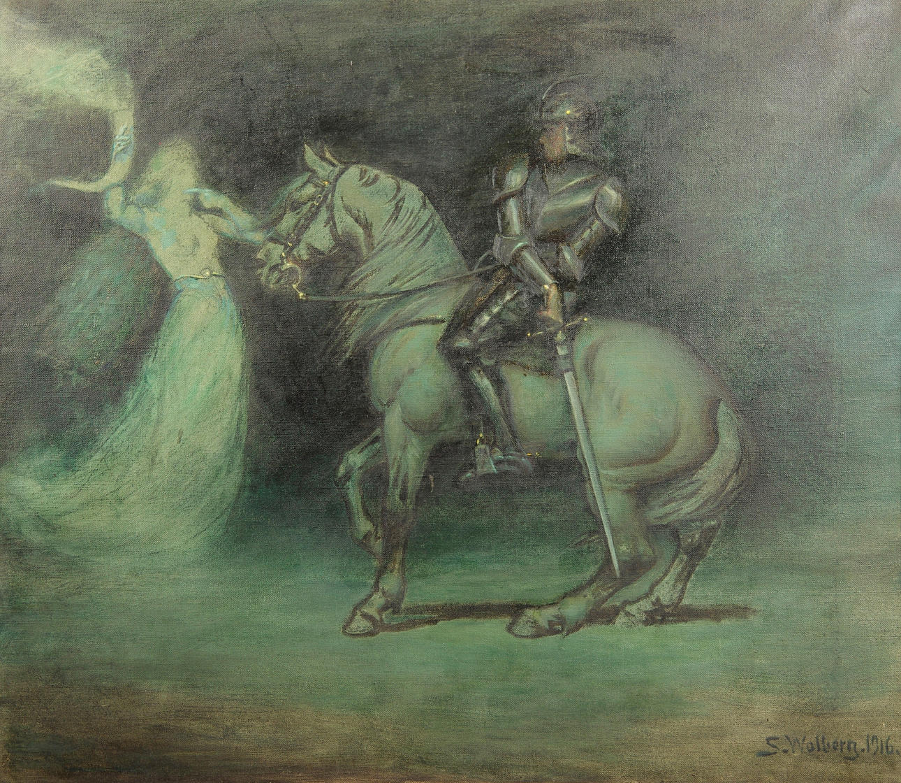 SVEN WALBERG. Riddare till häst och kvinnofigur, olja på duk, signerad S. Walberg 1916.