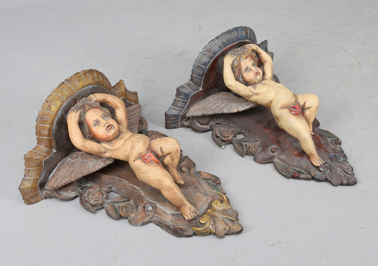 KONSOLHYLLOR, 1 par, änglar, trä, 18/1900-tal.