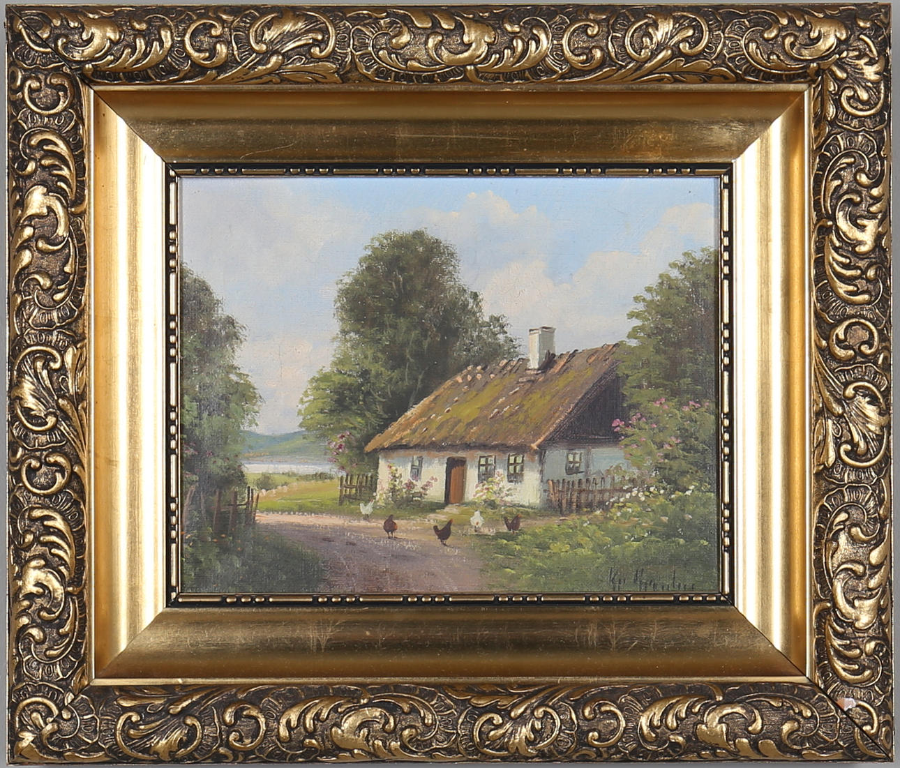 OIDENTIFIERAD KONSTNÄR. Gårdsmotiv, olja på duk, möjligen signerad Grönberg.