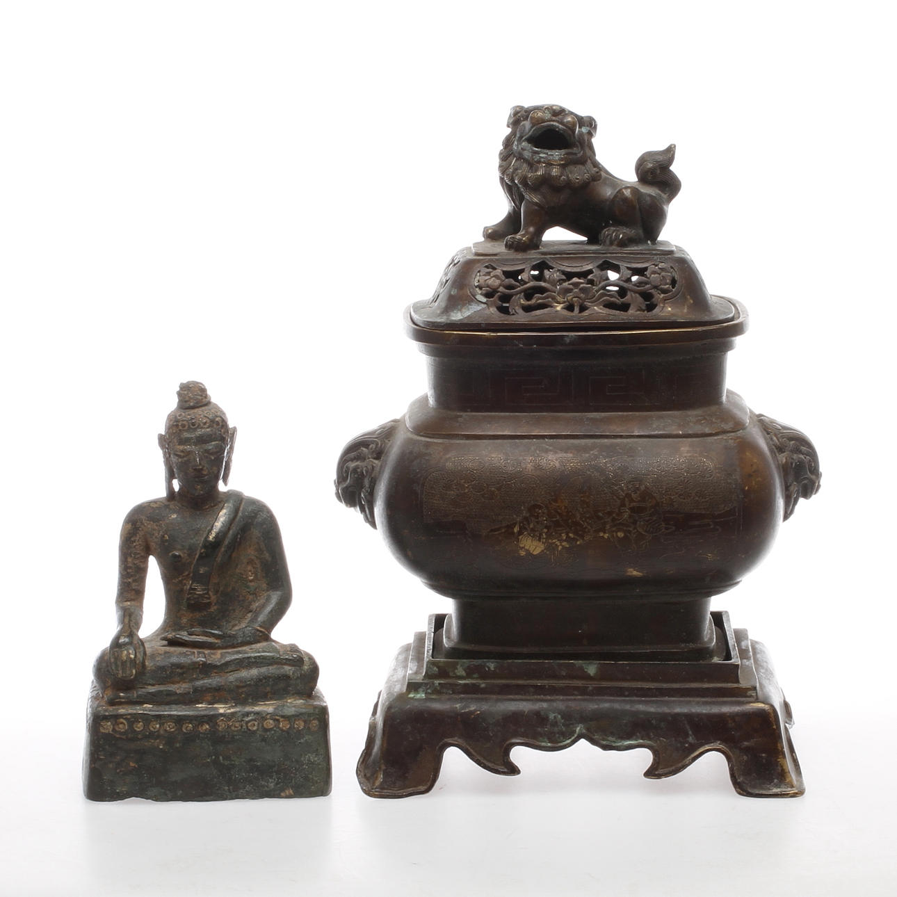 RÖKELSEKAR samt BUDDHAFIGUR, brons, orientaliska.