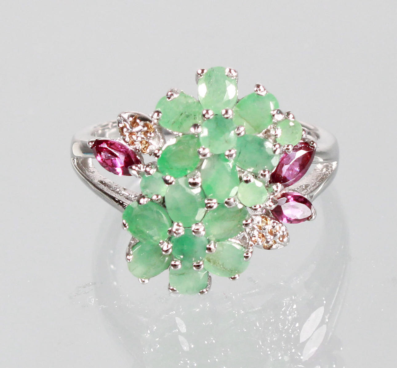 EMERALD - RHODOLITE RING, 925 SILVER.