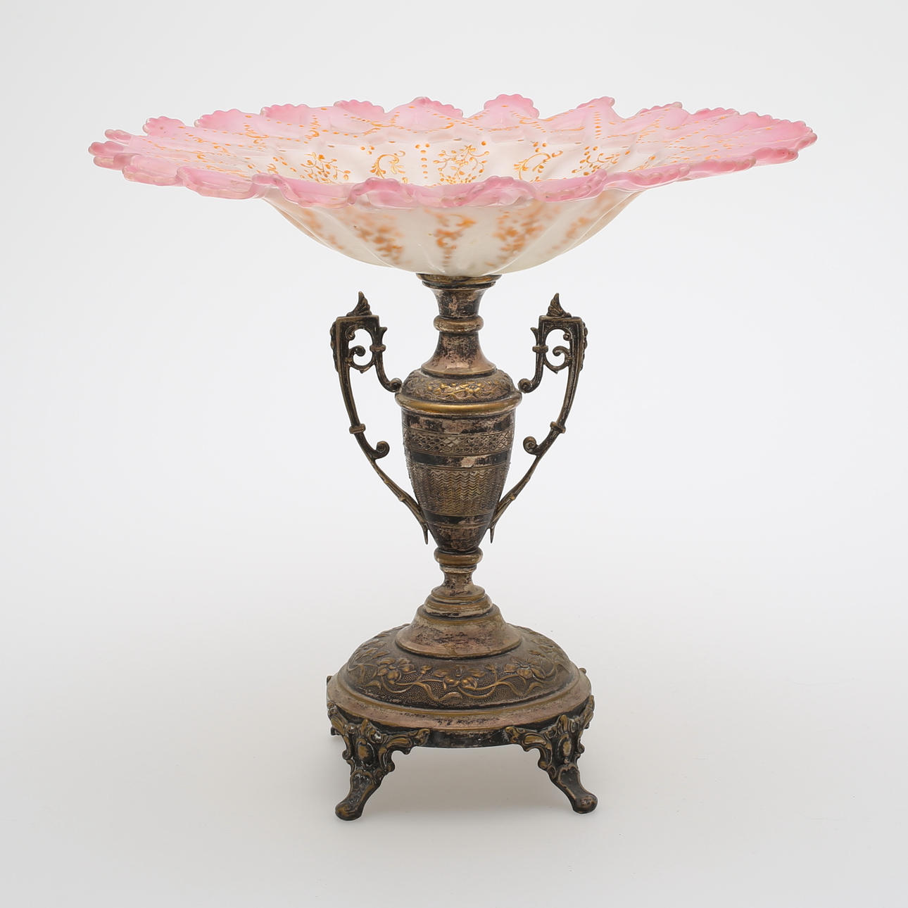 SKÅL, veckat målat glas på nysilverfot, 1800/1900-tal.