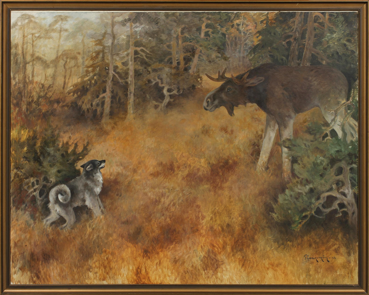 EDVIN SÖDERSTRÖM. Ställande jakthund och älg. Olja på duk, signerad och daterad -38.