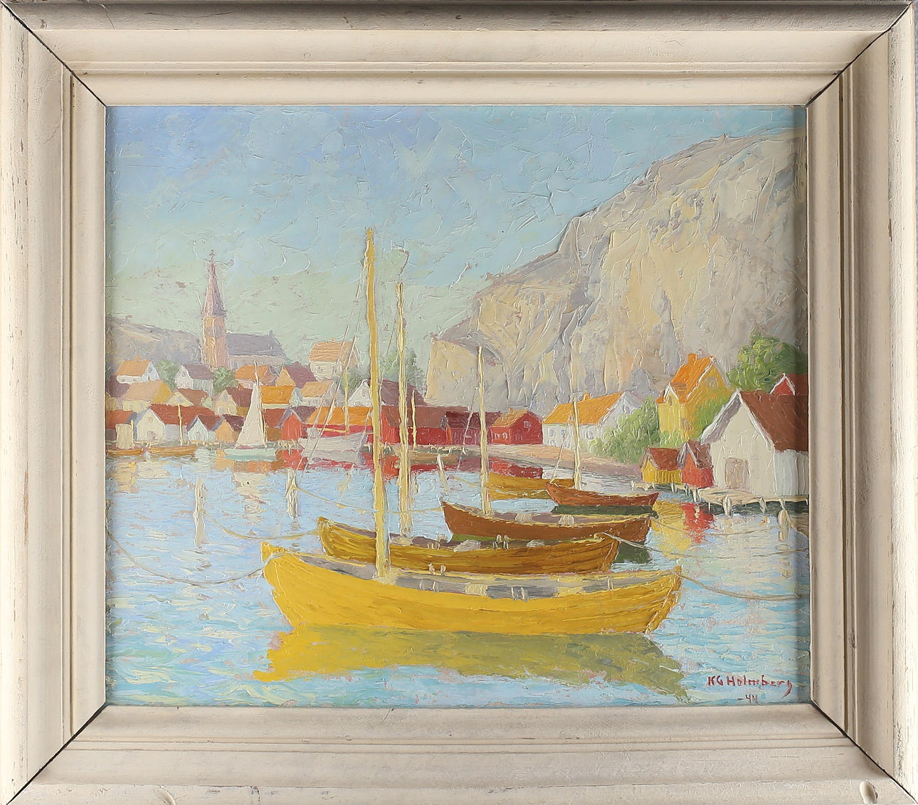 KARL GUSTAV HOLMBERG. Fiskebåtar i hamn, olja på pannå, signerad samt daterad -44.