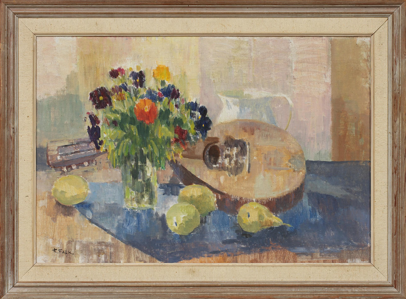 RAGNAR FALK. Stilleben med blommor, päron och luta. Olja på duk, signerad.