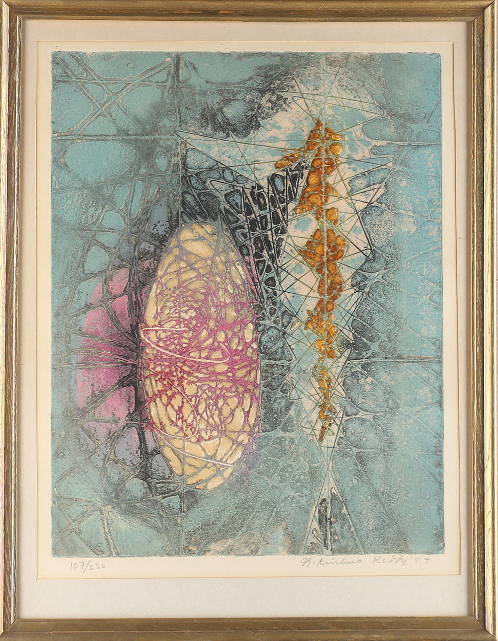 H KRISHNA REDDY. Komposition, färglitografi, signerad samt numrerad 107/220 och daterad 54.