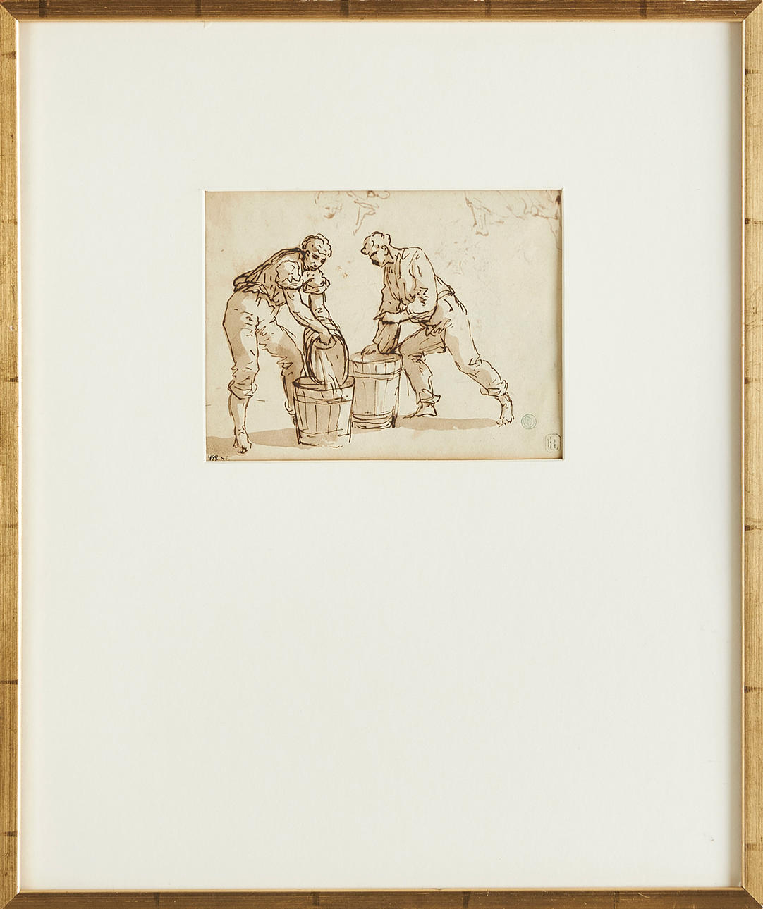 OIDENTIFIERAD KONSTNÄR. Double-sided drawing with figurine scenes, 18th century, owner stamp Colonel E. R. Lamponi-Leopard.