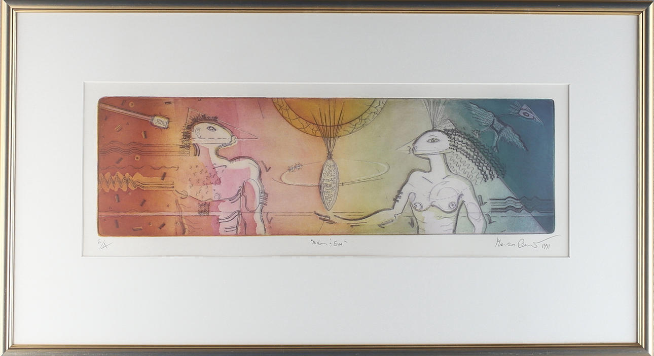 MARCO CECIONI. "Adam & Eva", färglitografi, signerad samt numrerad E/A och daterad 1991.