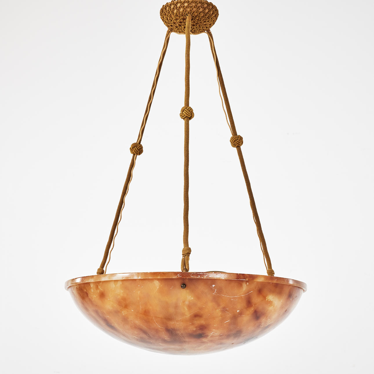 AMPEL. Alabaster, rope suspension, ceiling cup upholstered with textile and macrame.