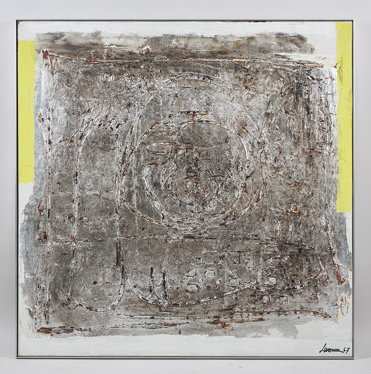 AHTI LAVONEN. Silver theme, signed and dated -67, oil and mixed media on canvas.