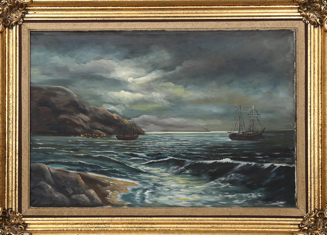 OIDENTIFIERAD KONSTNÄR, skepp för ankar, olja på duk, signerad Regron.