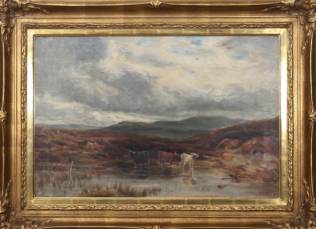 OIDENTIFIERAD KONSTNÄR. kor vid vattendrag, olja på duk, signerad Mac W.
