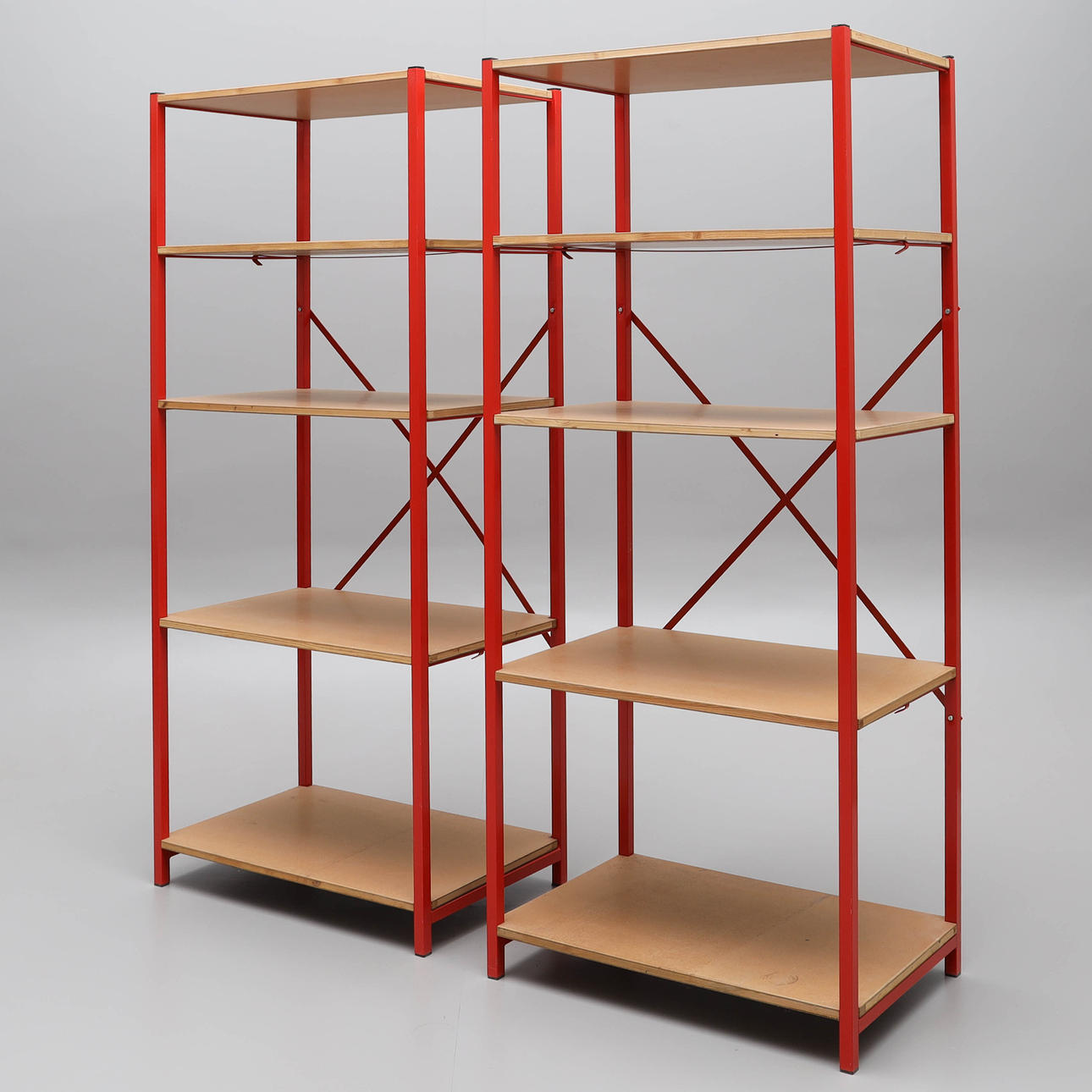 STORAGE SHELVES, 2 pcs, red lacquered metal.